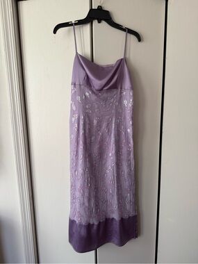 Max & Co trends lavender 90s fairycore prom dress w/ silver metallic lace detail
